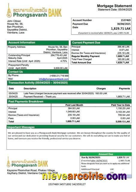 Laos Phongsavanh Bank mortgage statement Word and PDF template